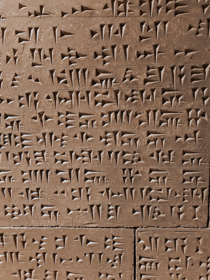 Close-up of ancient cuneiform inscriptions on a stone surface.